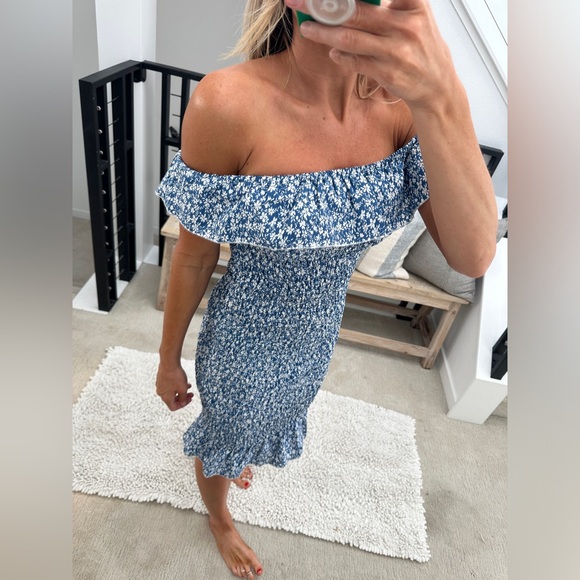 SHEIN blue & white floral off the shoulder bodycon midi ruffle summer dress XS - Picture 4 of 9